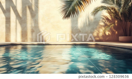 Swimming pool with palm tree and sunlight. 3D Rendering. 128309636