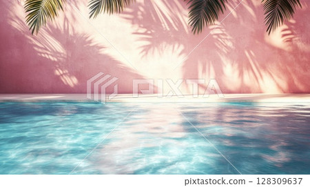 Luxury swimming pool with palm tree shadow on pink wall background. 128309637