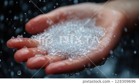 Close-up of man's hand with ice cube in water. 128309696