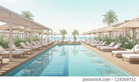 Luxury seaside lounge pool and deck chairs 128309712