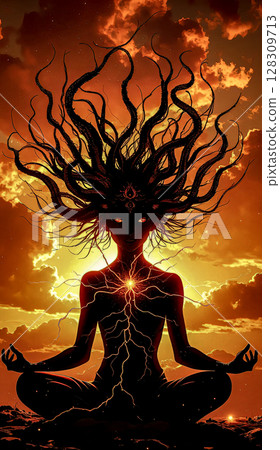 Female silhouette in the rays of sunset. A silhouetted female figure sits in a meditative pose against a vibrant sunset. 128309713