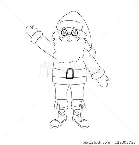 Santa Claus in traditional clothes, Christmas coloring book for children. Vector festive linear illustration. Santa Claus in traditional clothes, Christmas coloring book for children. Vector festive linear illustration. 128309725