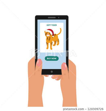 Online shopping for Christmas and New Year gifts. Women's hands are holding a smartphone. There is a tiger toy on the screen. Vector flat illustration. 128309726