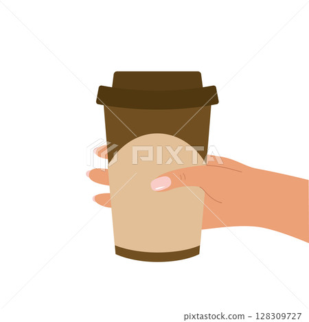 A woman's hand holds a cup of coffee. Vector illustration isolated for design. A woman's hand holds a cup of coffee. Vector illustration isolated for design. 128309727