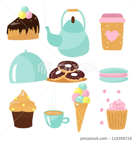 Tea party, cake, ice cream, donuts, teapot and cup. Cute, vector set. An isolated illustration. Tea party, cake, ice cream, donuts, teapot and cup. Cute, vector set. An isolated illustration. 128309728