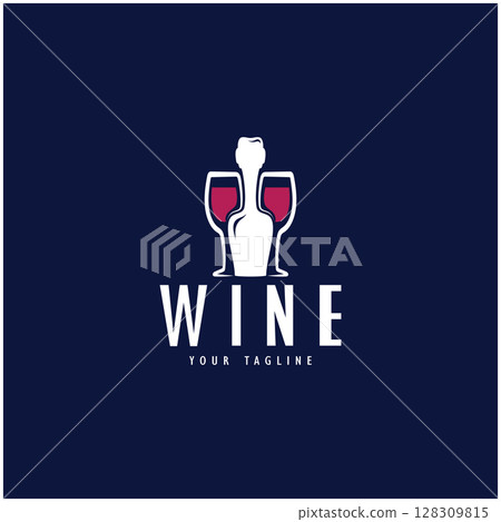 Wine logo with wine glasses and bottles.for night clubs,bars,cafe and wine shops. 128309815