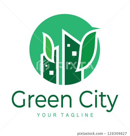 green and healthy modern city with leaf logo design for business, property, building, eco city, future city, architect, environmentally friendly 128309827