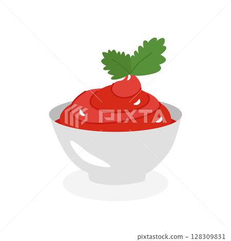 Ketchup, tomato sauce in a white cup, side view. Vector illustrations in cartoon flat style. For labels, design, banners, advertising Ketchup, tomato sauce in a white cup, side view. Vector illustrations in cartoon flat style. For labels, design, banners, advertising 128309831