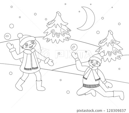 Kids have fun playing snowballs in winter outdoor coloring book. Moon, Christmas tree, mittens, felt boots. New Year vector linear illustration. Kids have fun playing snowballs in winter outdoor coloring book. Moon, Christmas tree, mittens, felt boots. New Year vector linear illustration. 128309837