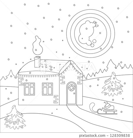 Cozy New Year's house in the forest coloring book for children. Big moon, forest, fir trees and falling snow. Vector Christmas linear illustration. 128309838