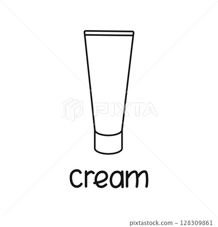 Icon is a linear tube of cream with text. Contour symbol for cosmetics, website design. Vector isolated illustration. 128309861