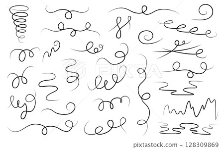 Set doodles whirlwinds, swings, swoop, swish hand-drawn. Vector illustration on a white background. Elements from twisted lines for design or decoration. 128309869