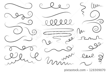 Set of whirlwinds, swings, swooping, swishes hand-drawn. Vector illustration on a white background. Elements from twisted lines for design or decoration. Set of whirlwinds, swings, swooping, swishes hand-drawn. Vector illustration on a white background. Elements from twisted lines for design or decoration. 128309870