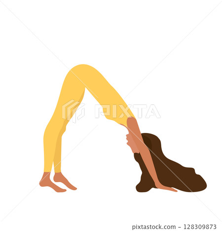 A girl does yoga adho mukha svanasana pose. 128309873