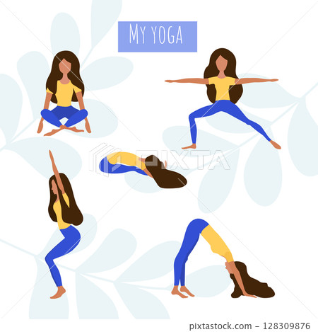 Yoga set of female asanas. 128309876