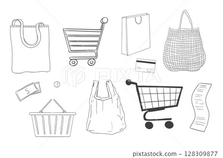 Shopping cart trolley doodle, shopping basket supermarket bag, net shopper simple line. Craft bag, paper bag. Purchase trade sketch, hand drawn 128309877