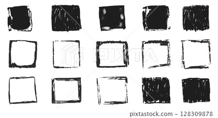 Grunge rectangle frames with textured edges, paint brush ink graffiti splatter and stencils border. Retro scribble abstract shape. 128309878