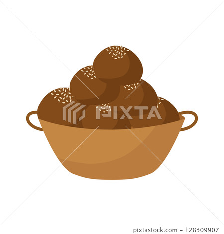 Fresh rolls of black bread in the basket. Vector illustration in a cartoon flat style. For postcards, labels, design, banners, advertising Fresh rolls of black bread in the basket. Vector illustration in a cartoon flat style. For postcards, labels, design, banners, advertising 128309907