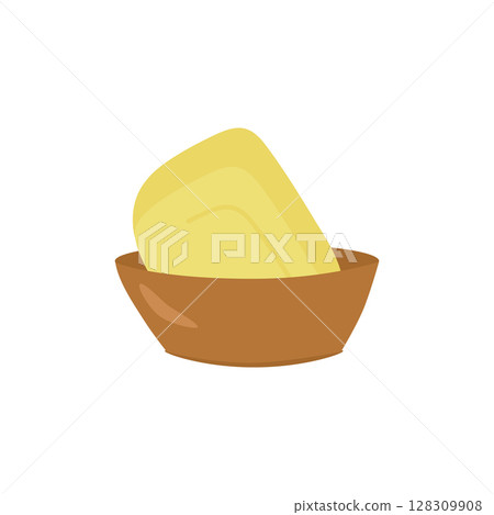 Fresh butter in a cup. Vector illustration in a cartoon flat style. For postcards, labels, design, banners, advertising Fresh butter in a cup. Vector illustration in a cartoon flat style. For postcards, labels, design, banners, advertising 128309908