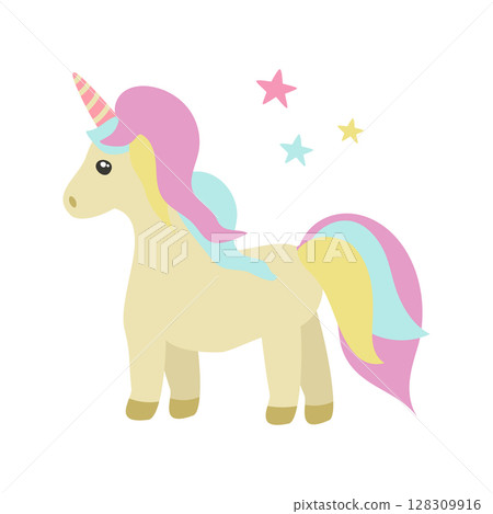 Cute unicorn in soft pastel colors. Tail and mane color of the rainbow. Vector. In the style of hand drawing. Cute unicorn in soft pastel colors. Tail and mane color of the rainbow. Vector. In the style of hand drawing. 128309916