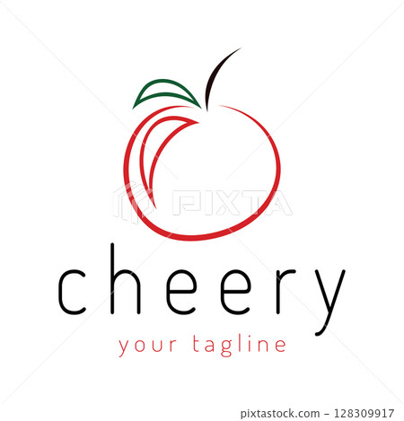 Fresh cherry fruit logo with minimalist leaf line art style. for fruit shop, cherry farm, cake, business, Fresh cherry fruit logo with minimalist leaf line art style. for fruit shop, cherry farm, cake, business, 128309917