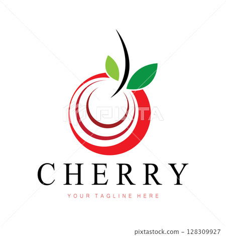 Fresh cherry fruit logo with minimalist leaf line art style. for fruit shop, cherry farm, cake, business, 128309927