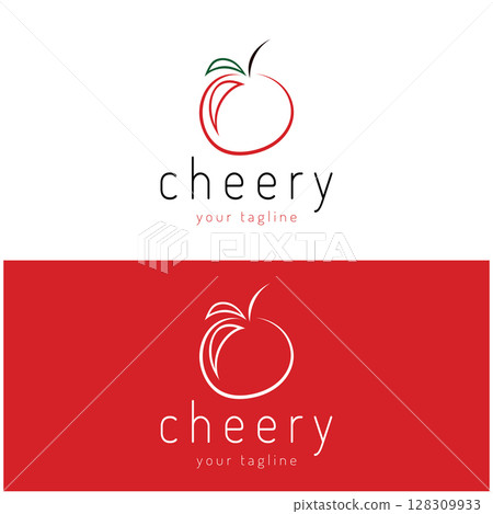 Fresh cherry fruit logo with minimalist leaf line art style. for fruit shop, cherry farm, cake, business, 128309933