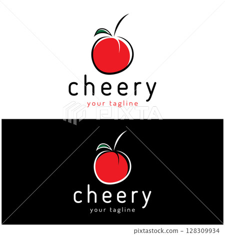 Fresh cherry fruit logo with minimalist leaf line art style. for fruit shop, cherry farm, cake, business, 128309934