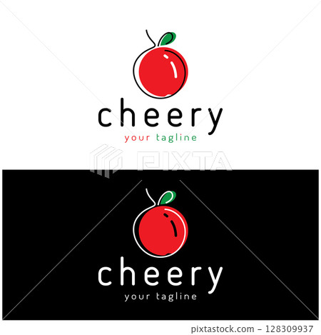 Fresh cherry fruit logo with minimalist leaf line art style. for fruit shop, cherry farm, cake, business, 128309937