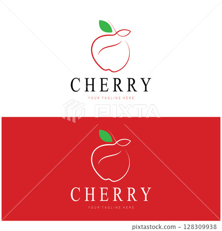 Fresh cherry fruit logo with minimalist leaf line art style. for fruit shop, cherry farm, cake, business, 128309938