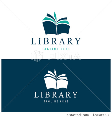 book or library logo for bookstores, book companies, publishers, encyclopedias, libraries, education, digital books, vectors 128309997