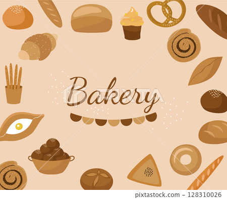 Bakery, pastries, bread and confectionery products, buns, baguette, loaf, croissant, cake, khachapuri. Banner, poster, sticker. The vector illustration is isolated Bakery, pastries, bread and confectionery products, buns, baguette, loaf, croissant, cake, khachapuri. Banner, poster, sticker. The vector illustration is isolated 128310026