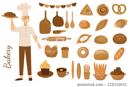 Bakery, pastry shop, cook. A set of baking, bread and confectionery products. Buns, baguette, loaf, croissant, cake, khachapuri and kitchen utensils. The vector illustration is isolated. 128310031