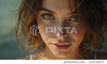 Close-up portrait of a woman with captivating green eyes. 128310037