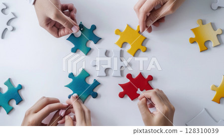 Multiple hands assembling colorful puzzle pieces on a white surface, symbolizing teamwork, collaboration, and problem-solving in a business setting 128310039