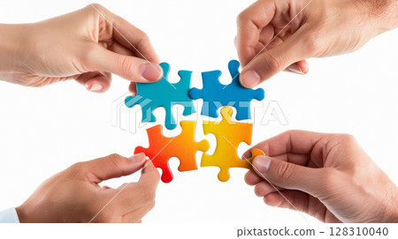 Four hands holding and assembling multicolored puzzle pieces on a white background, symbolizing teamwork, collaboration, and problem-solving 128310040
