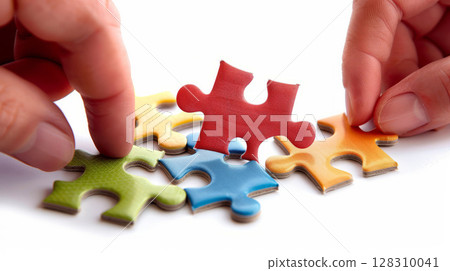Close-up of hands assembling a colorful jigsaw puzzle with a missing red piece on a white background. Concept of problem-solving and teamwork 128310041