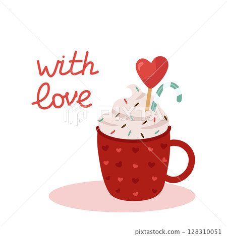 Red mug with cocoa with whipped cream for Valentine's Day. With a lollipop cane and a heart. Vector illustration in cartoon style for a postcard, holiday decoration, design or decor on February 14. 128310051