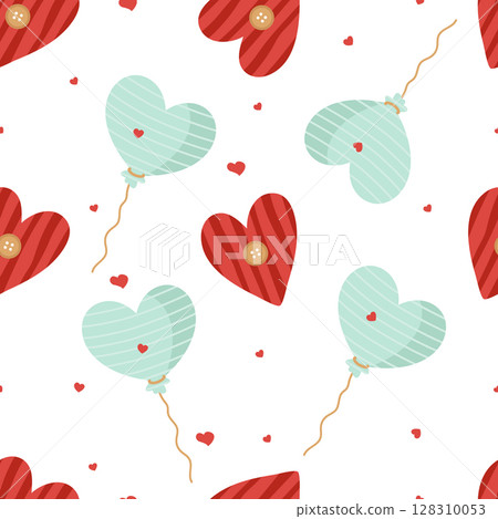 Seamless pattern for Valentine's Day with hearts and balloons. Vector background for the design of the holiday on February 14, printing on paper, fabric, scrapbooking. Seamless pattern for Valentine's Day with hearts and balloons. Vector background for the design of the holiday on February 14, printing on paper, fabric, scrapbooking. 128310053