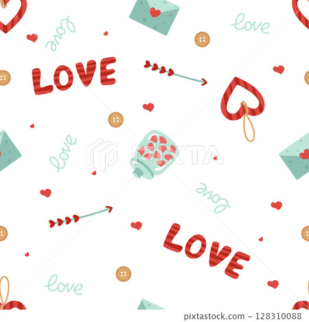 Seamless pattern for Valentine's Day. The inscription is love, heart, arrows, buttons, letter. Vector background for the design of the holiday on February 14, printing on paper, fabric, scrapbooking. Seamless pattern for Valentine's Day. The inscription is love, heart, arrows, buttons, letter. Vector background for the design of the holiday on February 14, printing on paper, fabric, scrapbooking. 128310088