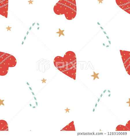 Seamless pattern for Valentine's Day with hearts and lollipops cane. Vector background for the design of the holiday on February 14, printing on paper, fabric, scrapbooking. 128310089