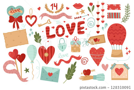 Set of romantic elements for Valentine's Day. Letter, heart, balloon, lips, gift, lock, rose, hand. Vector illustration in cartoon style for holiday decoration, design or decor on February 14. Set of romantic elements for Valentine's Day. Letter, heart, balloon, lips, gift, lock, rose, hand. Vector illustration in cartoon style for holiday decoration, design or decor on February 14. 128310091