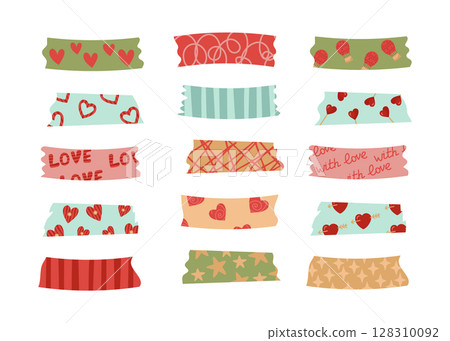 Valentine's Day washi tapes with a romantic pattern. For notes, organizer, planner, scrapbooking. Vector illustration in cartoon style for festive decoration, design or decor on February 14. Valentine's Day washi tapes with a romantic pattern. For notes, organizer, planner, scrapbooking. Vector illustration in cartoon style for festive decoration, design or decor on February 14. 128310092