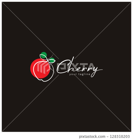 Fresh cherry fruit logo with minimalist leaf line art style. for fruit shop, cherry farm, cake, business, 128310203