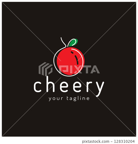 Fresh cherry fruit logo with minimalist leaf line art style. for fruit shop, cherry farm, cake, business, 128310204