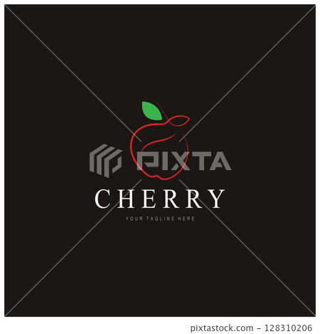 Fresh cherry fruit logo with minimalist leaf line art style. for fruit shop, cherry farm, cake, business, 128310206