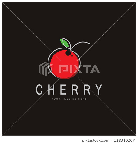 Fresh cherry fruit logo with minimalist leaf line art style. for fruit shop, cherry farm, cake, business, Fresh cherry fruit logo with minimalist leaf line art style. for fruit shop, cherry farm, cake, business, 128310207