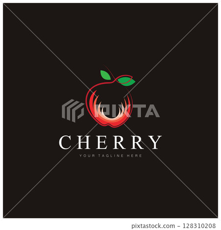 Fresh cherry fruit logo with minimalist leaf line art style. for fruit shop, cherry farm, cake, business, 128310208