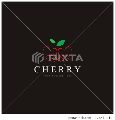 Fresh cherry fruit logo with minimalist leaf line art style. for fruit shop, cherry farm, cake, business, 128310210
