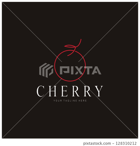 Fresh cherry fruit logo with minimalist leaf line art style. for fruit shop, cherry farm, cake, business, 128310212